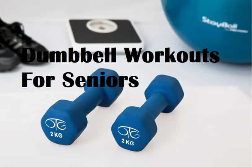 Dumbbells on a floor with the title Dumbbell workout for seniors