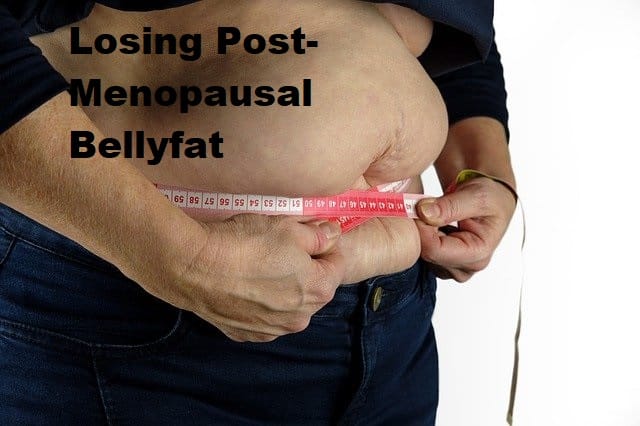 A ovan measuring waist with a tape measure and the title Losing Post-menopausal Belly Fat