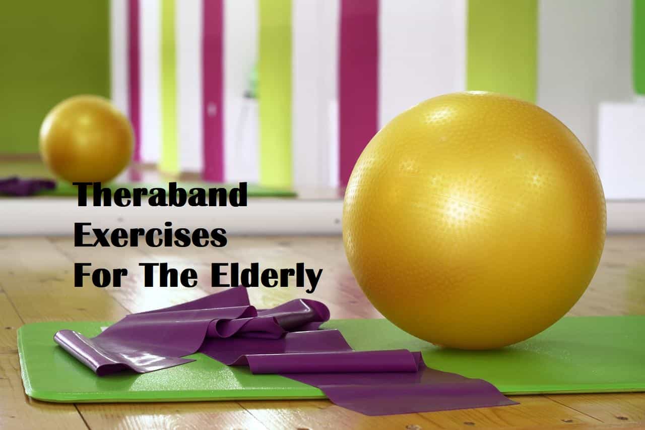 Exercise band on a yoga mat with the title Theraband Exercises For The Elderly