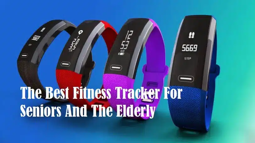 Trackers on a table with the title best fitness tracker for seniors and the elderly