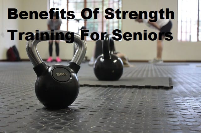 A kettlebell on a floor with the title benefits of strength training for seniors