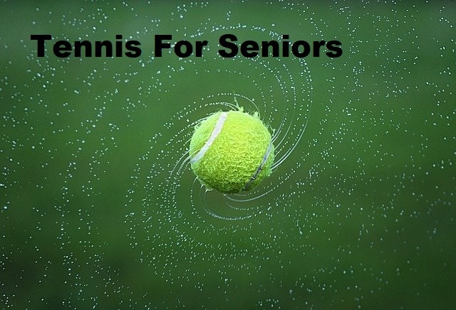 A whirling tennis ball in mid air with the title tennis for seniors