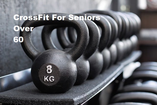 Kettlebells on a shelf with the title CrossFit for seniors over 60