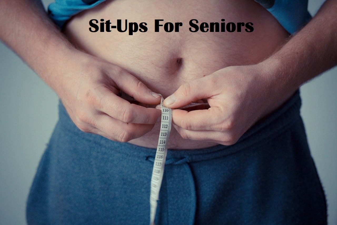 A man measuring waist with the title Sit Ups For Seniors